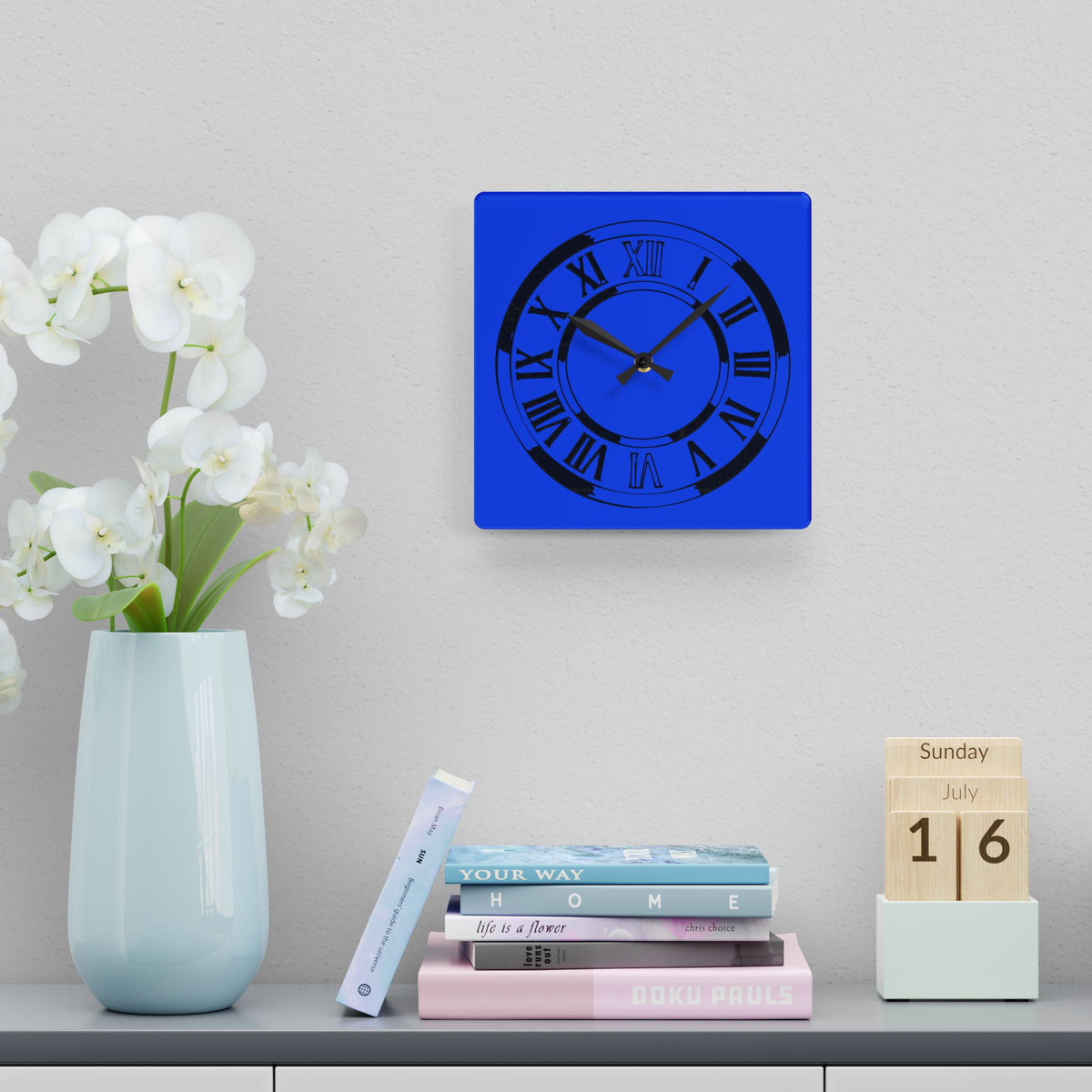 Roman Numeral Blue Clock Acrylic Wall Clock | Modern Decorative Timepiece