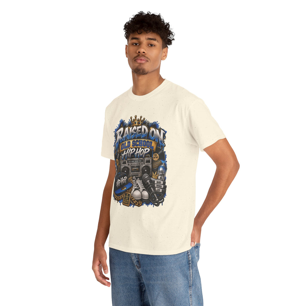 Raised On Old School Hip Hop T-Shirt | Retro Boombox Sneakers Crown Design