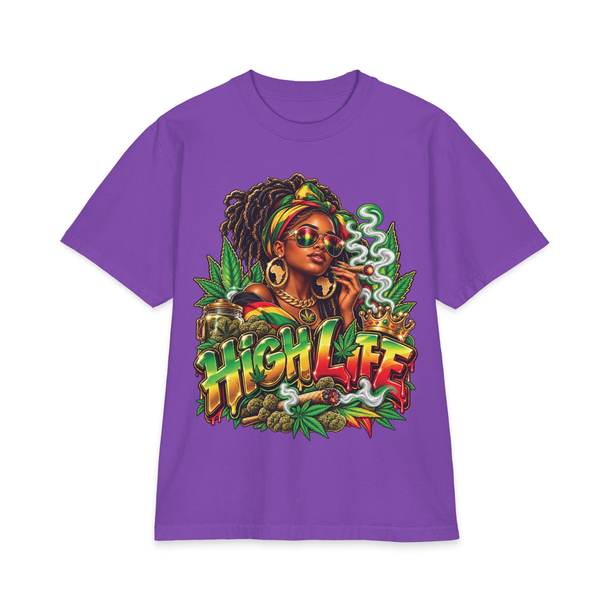 Detrpit 420 High Life Rasta Black Woman T-Shirt | Cannabis Reggae Vibes, Smoking Art