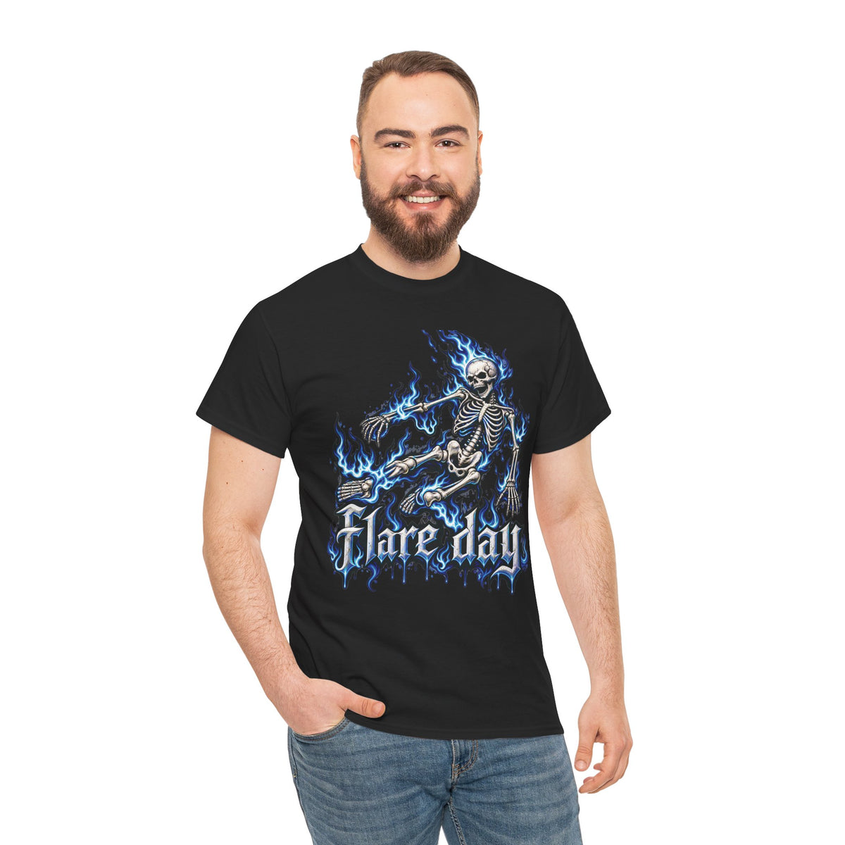 Blue Flaming Skeleton Skateboard T-Shirt | Skull Flame Graphic Tee