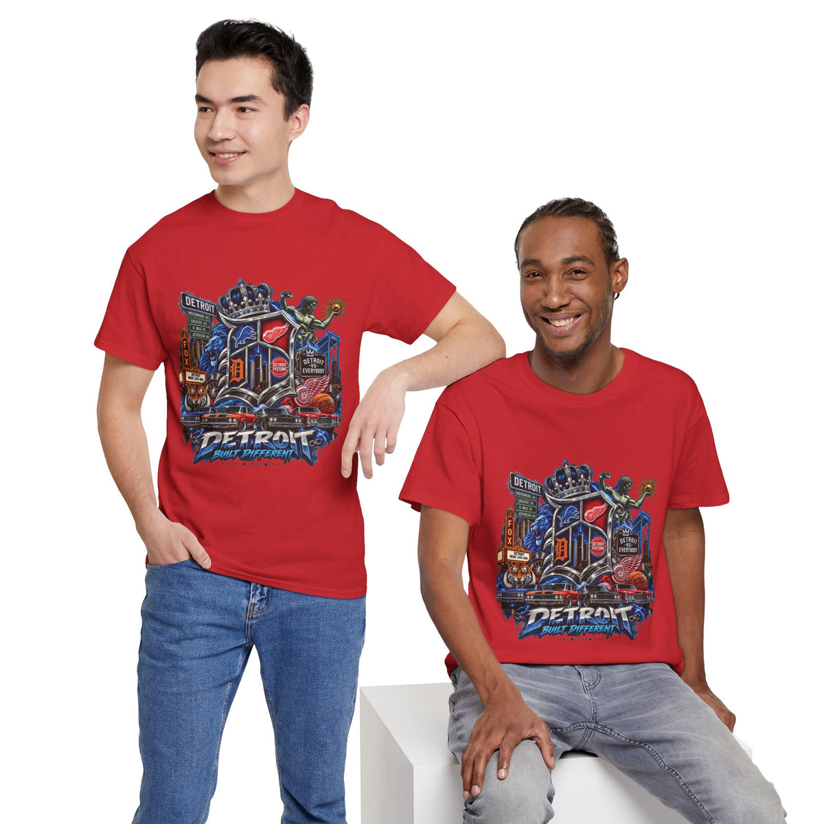 Detroit Skyline Collage T-Shirt | Motor City Landmarks, Vintage Neon Design