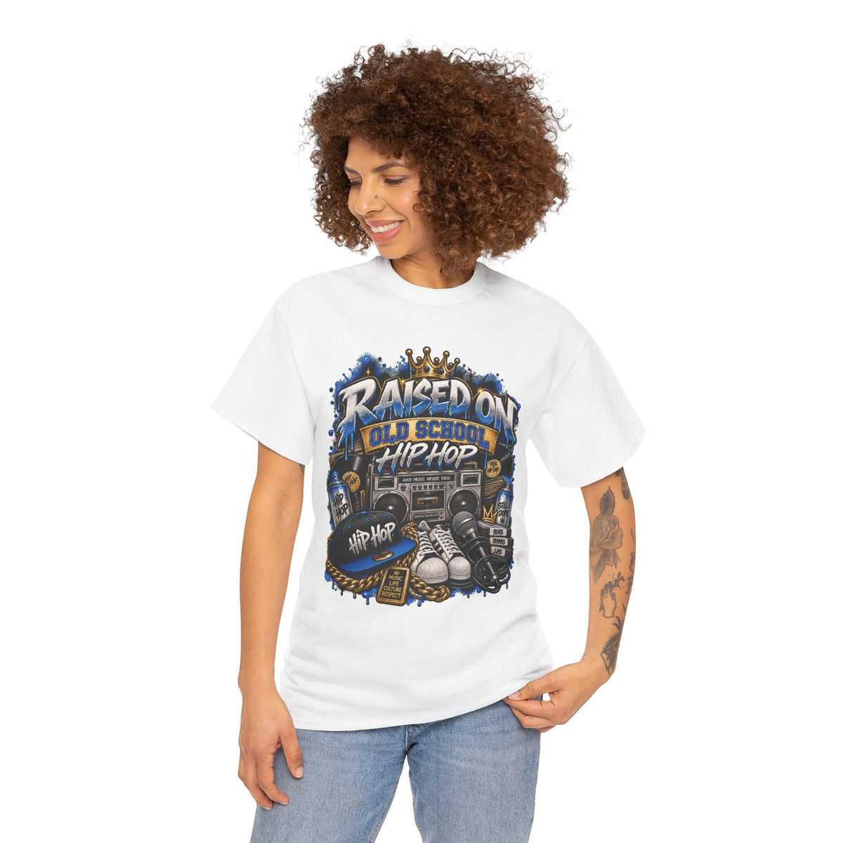 Raised On Old School Hip Hop T-Shirt | Retro Boombox Sneakers Crown Design
