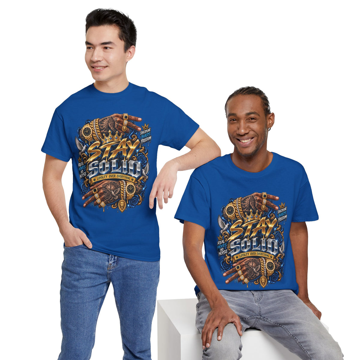 Stay Solid graphic tee | Urban street art typography, gold chain hands