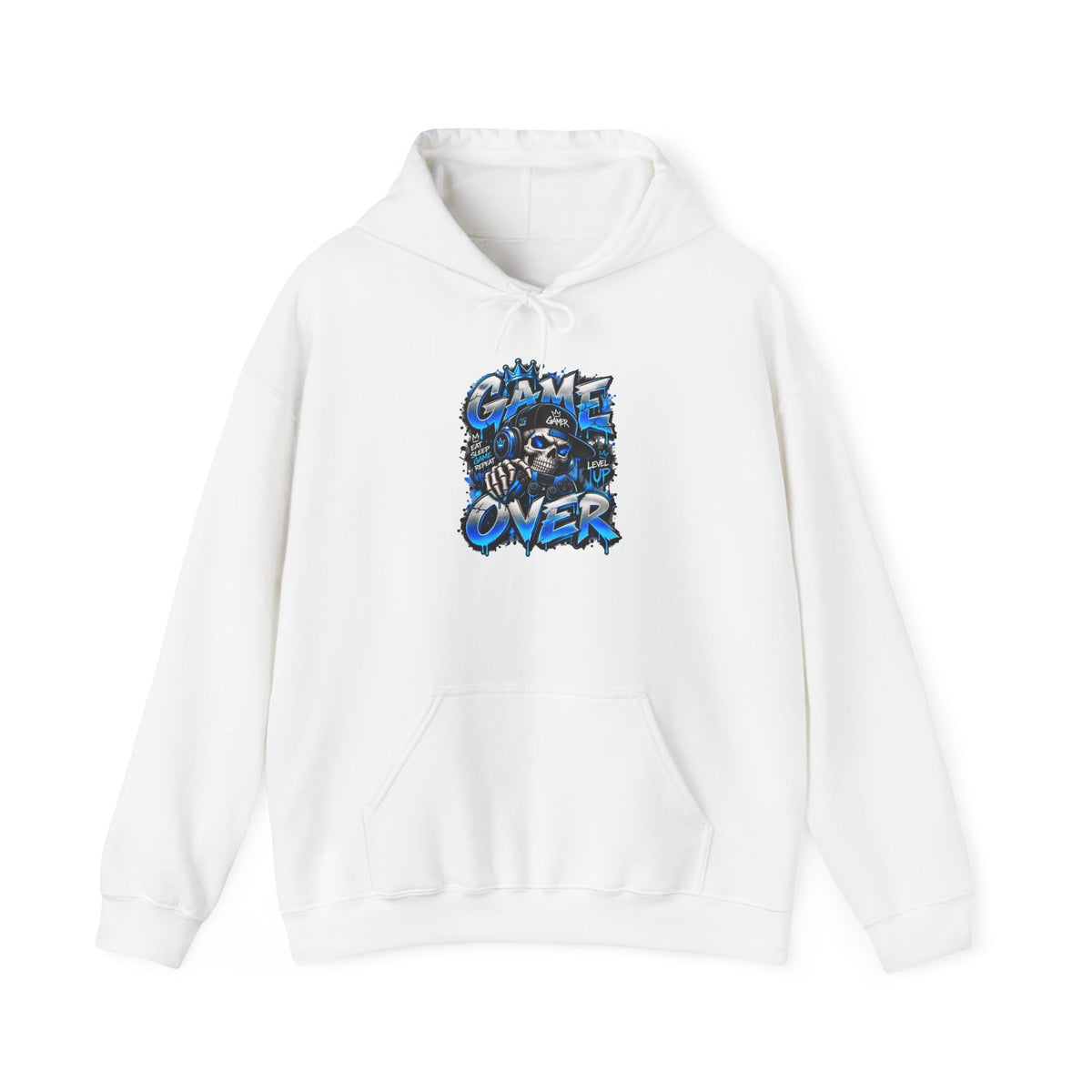 Game Over Skull hoodie | Gaming Graphic Sweatshirt, Blue Grunge Design