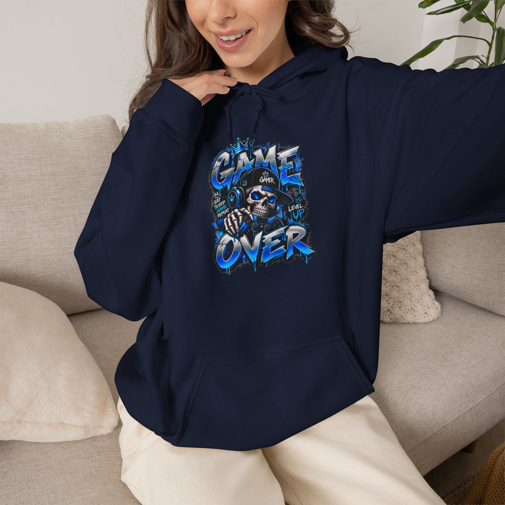 Game Over Skull hoodie | Gaming Graphic Sweatshirt, Blue Grunge Design