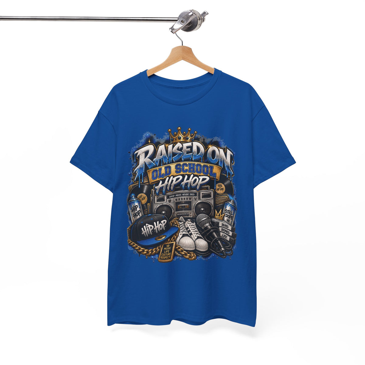 Raised On Old School Hip Hop T-Shirt | Retro Boombox Sneakers Crown Design