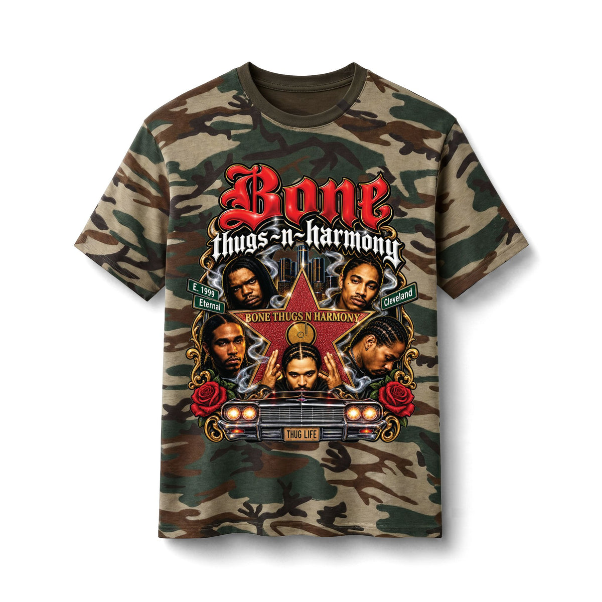 Bone Thugs-n-Harmony Skull Car Graphic Tee | Camo Cotton T-Shirt