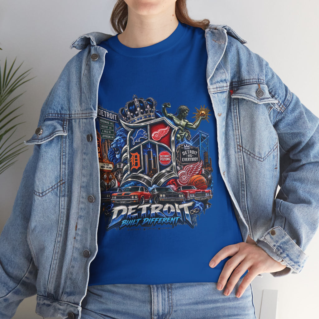 Detroit Skyline Collage T-Shirt | Motor City Landmarks, Vintage Neon Design