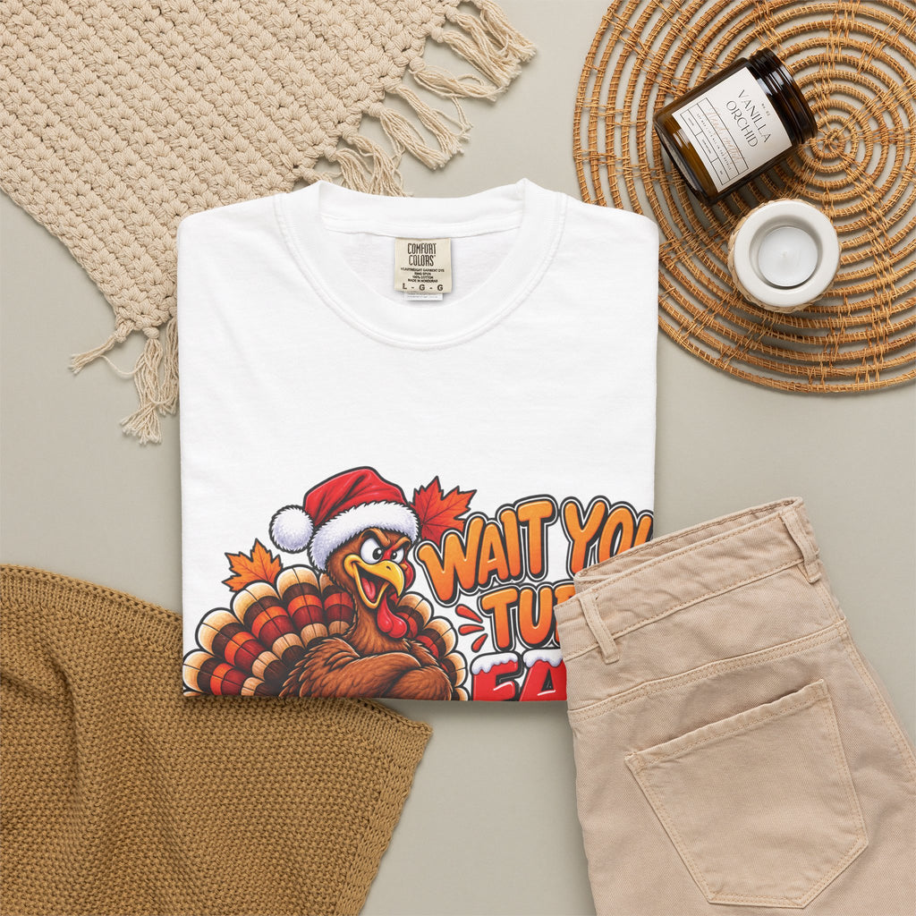 Wait Your Turn Fat Man turkey stomping Santa T-shirt | Thanksgiving Christmas mashup