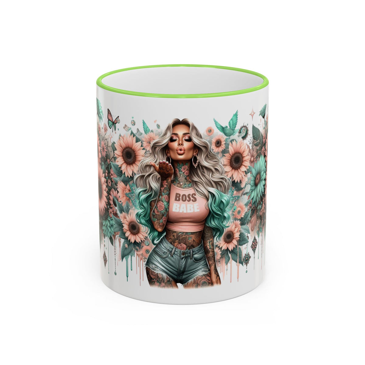 Boss Babe Floral Illustration Mug | Accent Rim & Handle Ceramic Coffee Cup
