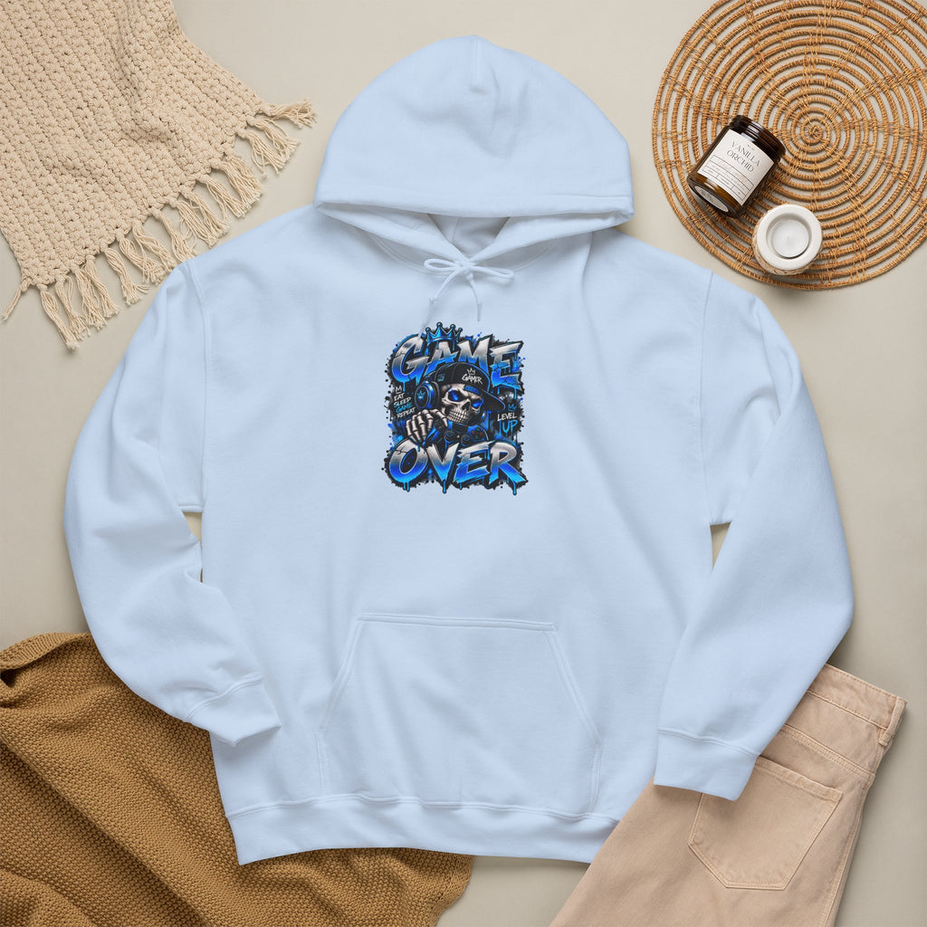 Game Over Skull hoodie | Gaming Graphic Sweatshirt, Blue Grunge Design