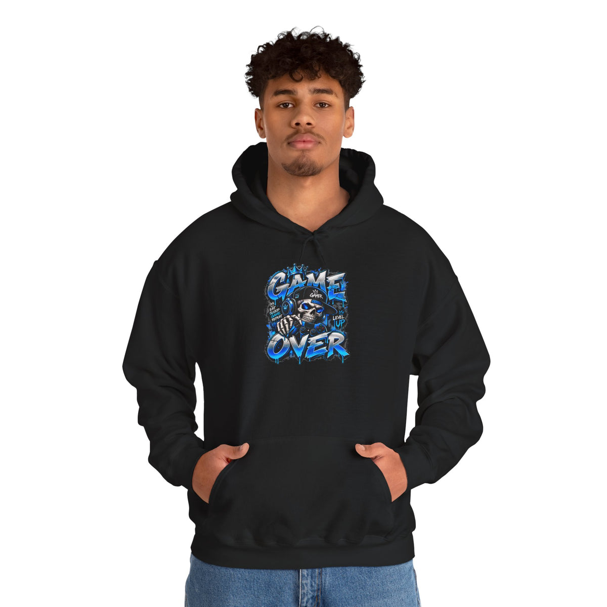 Game Over Skull hoodie | Gaming Graphic Sweatshirt, Blue Grunge Design