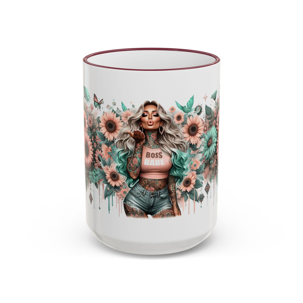 Boss Babe Floral Illustration Mug | Accent Rim & Handle Ceramic Coffee Cup