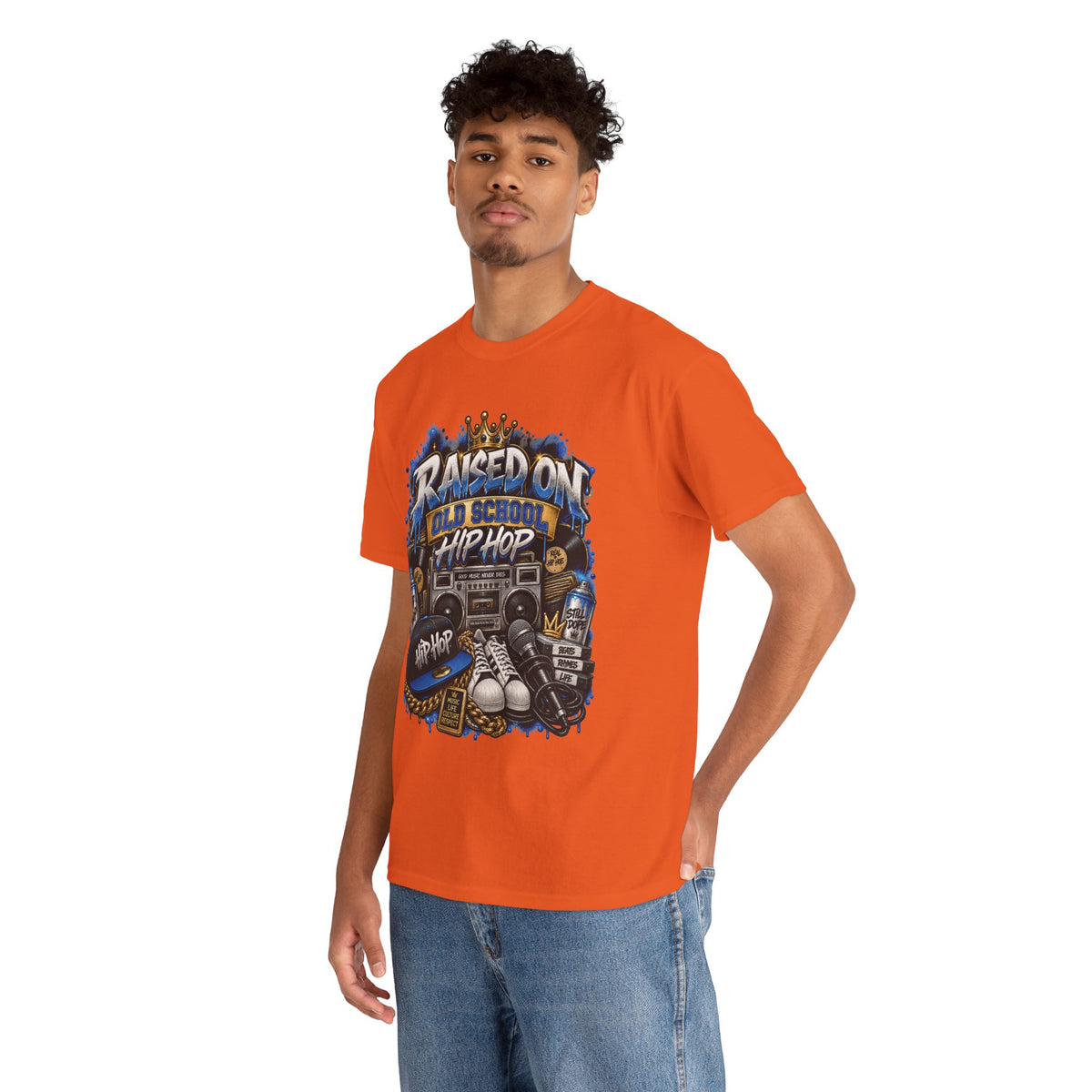 Raised On Old School Hip Hop T-Shirt | Retro Boombox Sneakers Crown Design