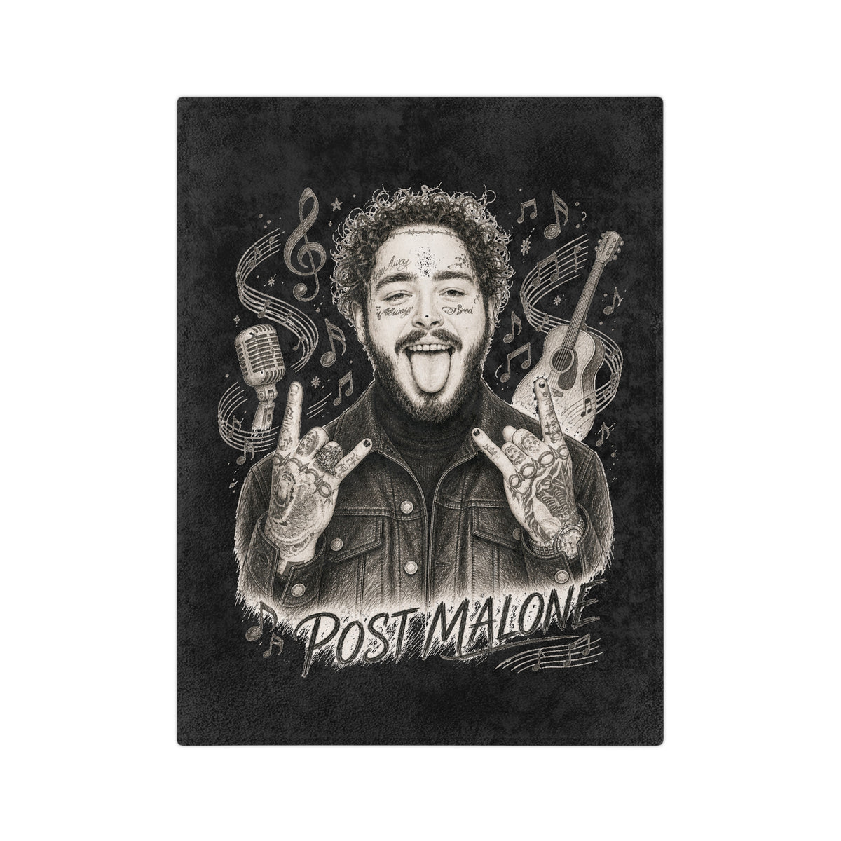 Malone Singer Portrait Blanket | Music Notes Microfiber Throw