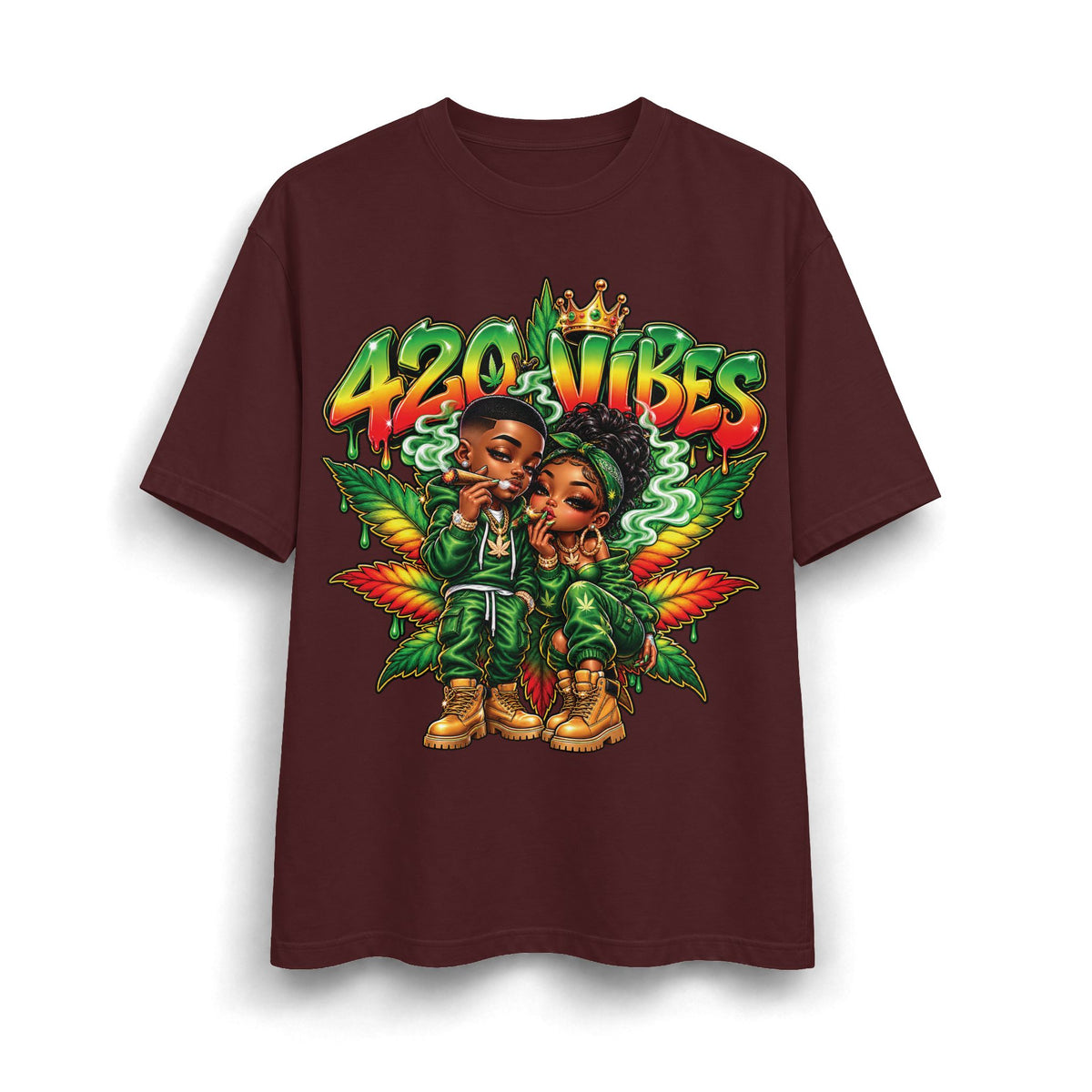 Detroit 420 Vibes Cartoon Couple T-Shirt | Cannabis Leaf Street Art Tee