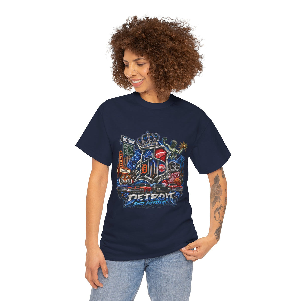 Detroit Skyline Collage T-Shirt | Motor City Landmarks, Vintage Neon Design