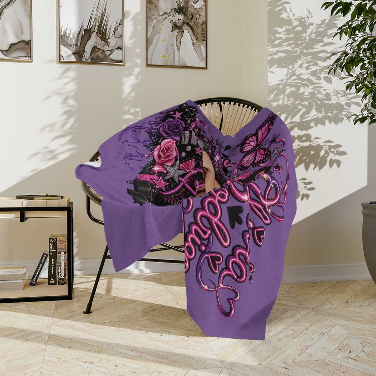 Olivia Rodrigo Portrait Velveteen Microfiber Blanket | Purple Butterfly Rose Design