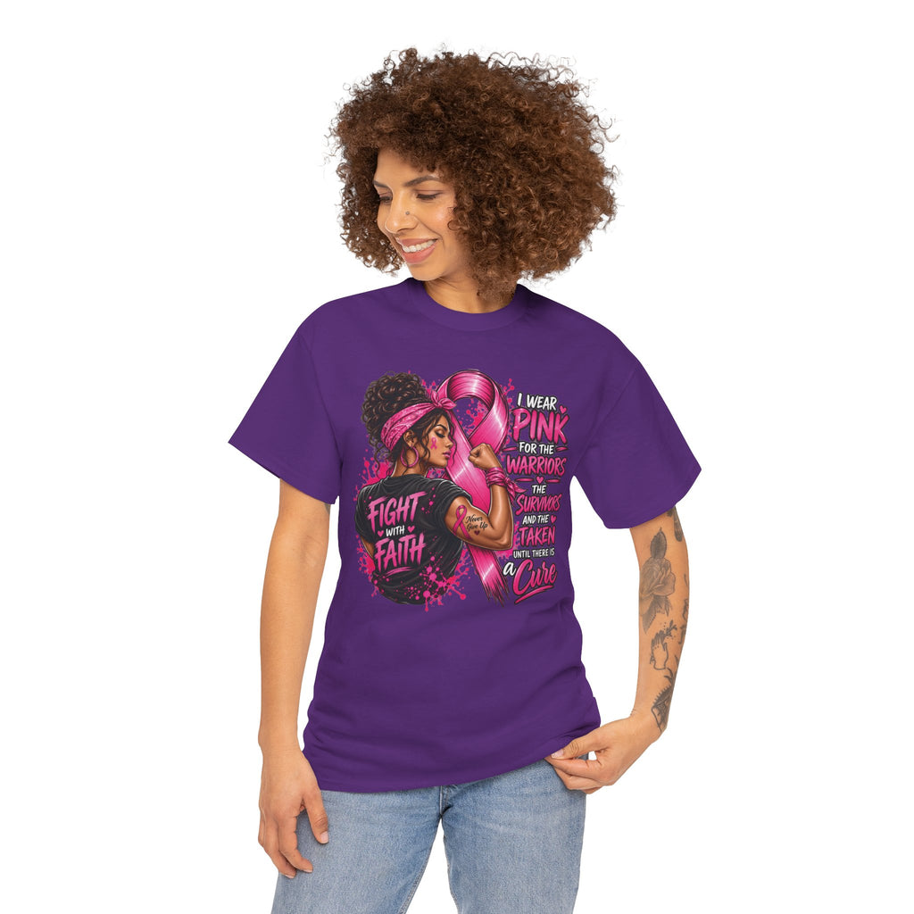 Fight with Faith breast cancer awareness T-Shirt | Rosie the Riveter pink ribbon design