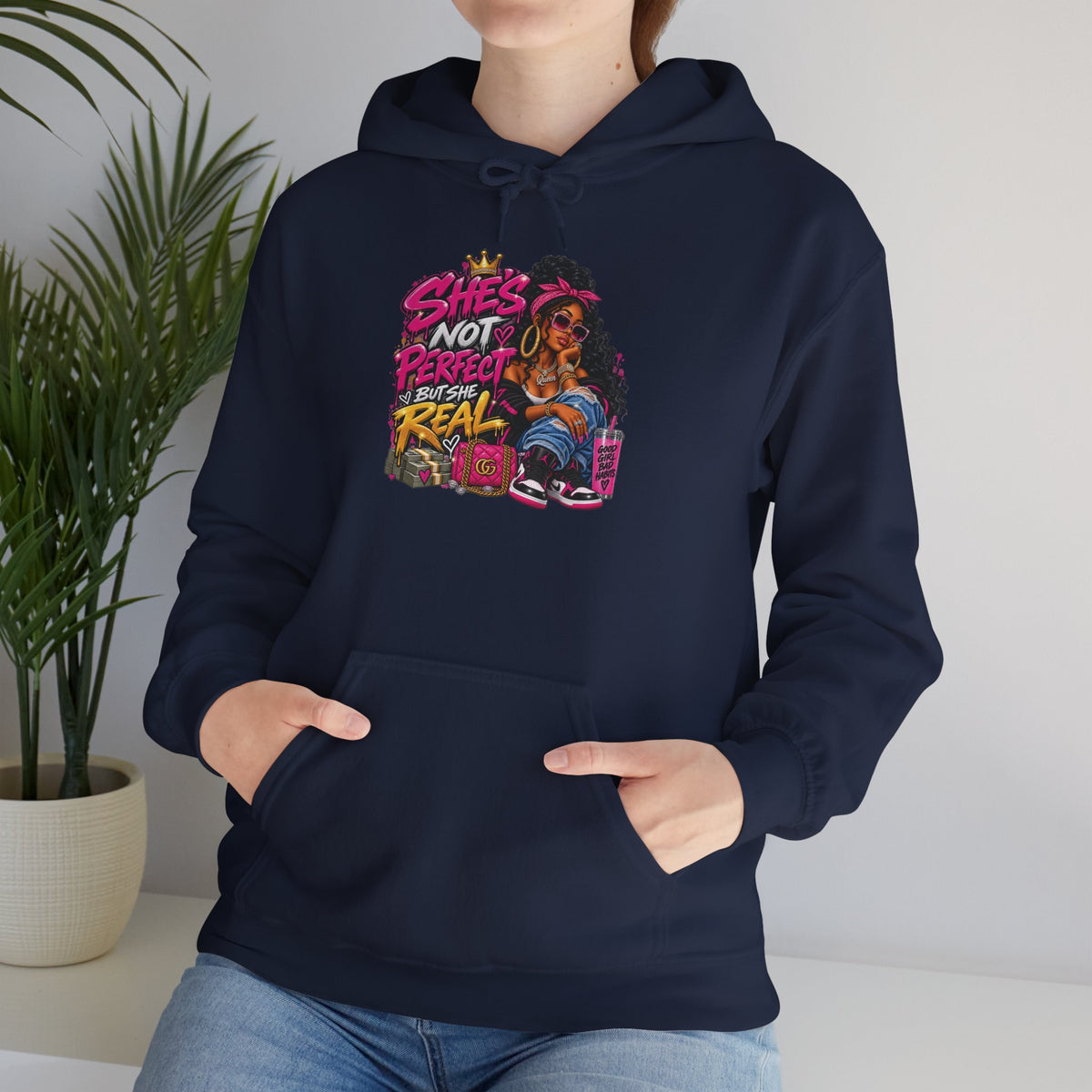 Shes Not Perfect Real AF hoodie | Retro Neon Girl Graphic Hoodie