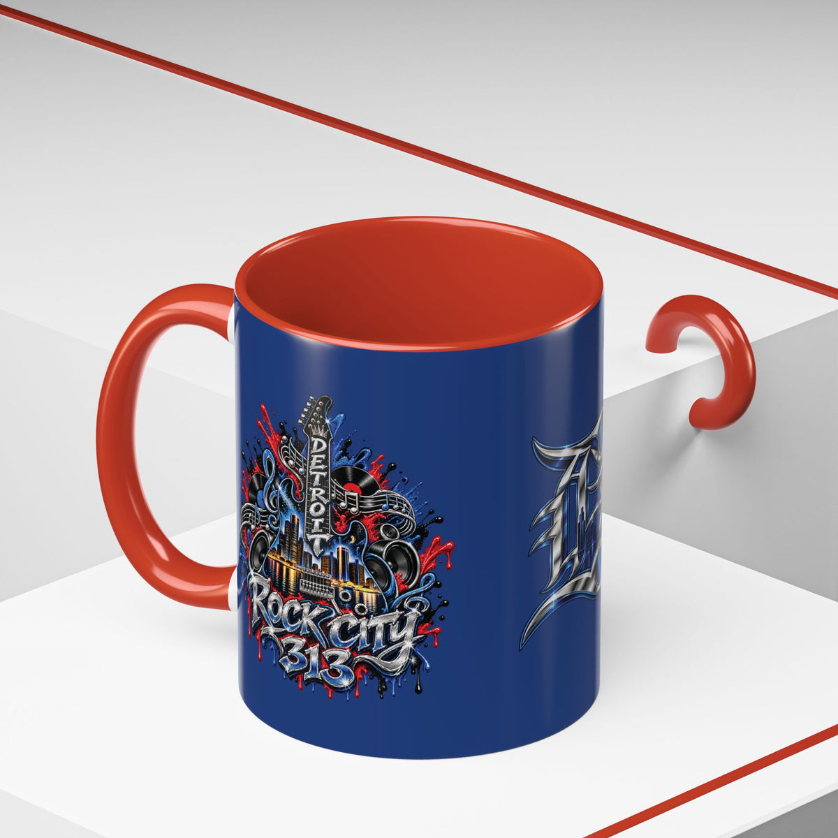 Detroit Rock City 313 Blue Accent Mug | Cityscape Guitar Graffiti Design
