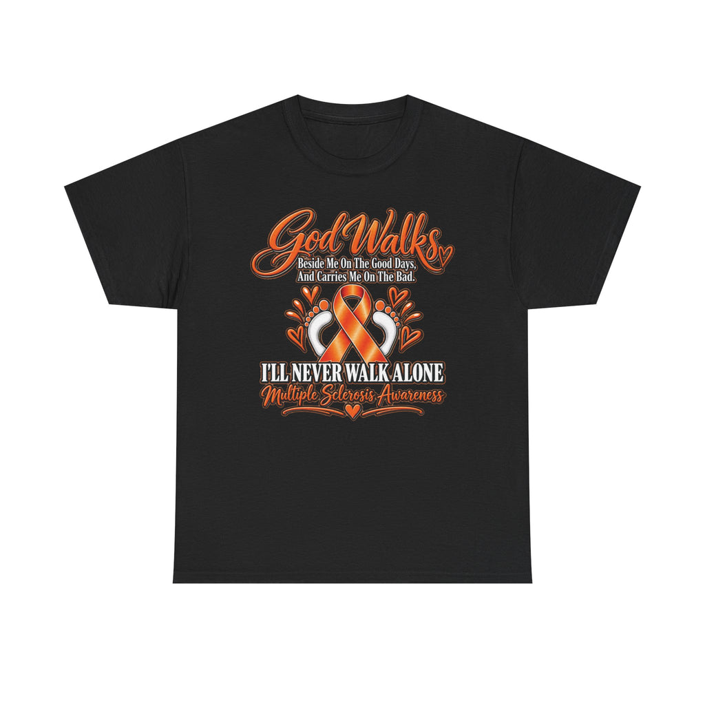 God Walks orange awareness ribbon T-Shirt | I'll Never Walk Alone, Faith Support