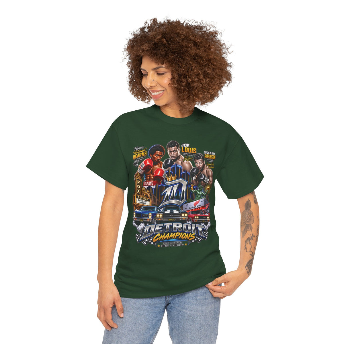 Detroit Champions T-Shirt | Motor City Boxing Legends, Classic Cars, City Skyline
