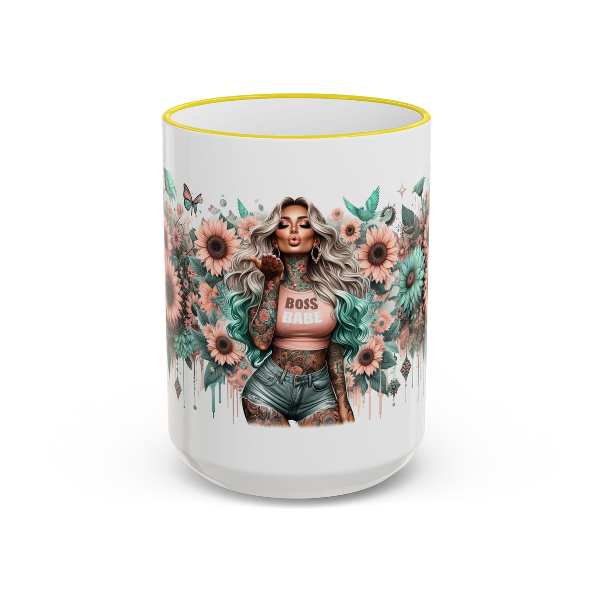 Boss Babe Floral Illustration Mug | Accent Rim & Handle Ceramic Coffee Cup