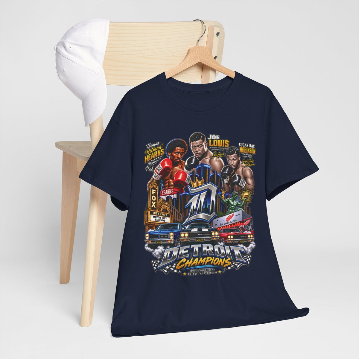 Detroit Champions T-Shirt | Motor City Boxing Legends, Classic Cars, City Skyline