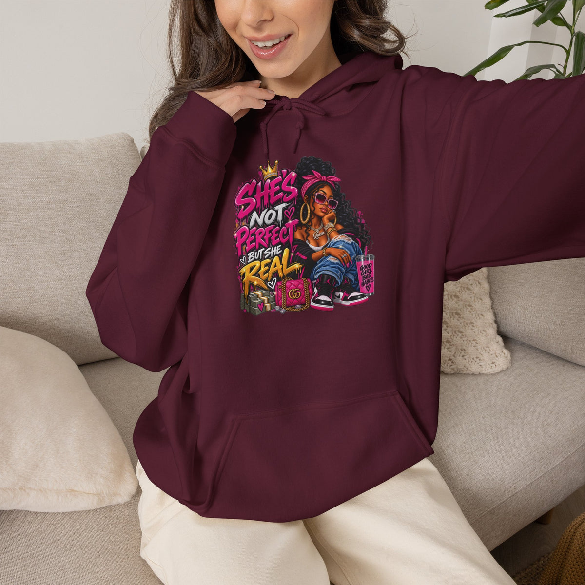 Shes Not Perfect Real AF hoodie | Retro Neon Girl Graphic Hoodie
