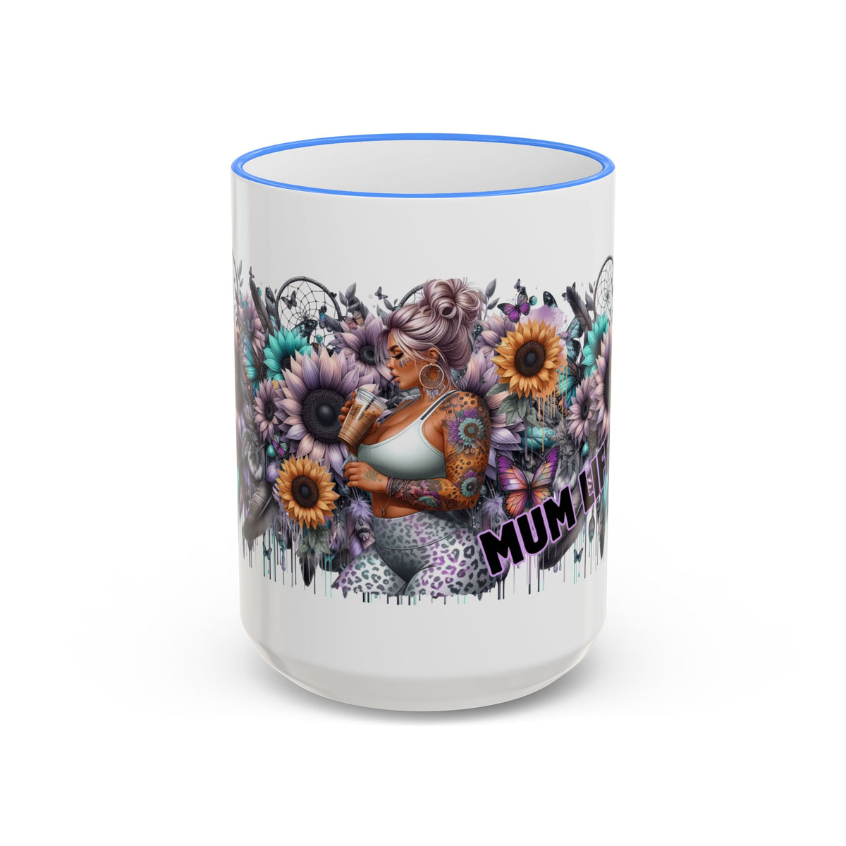 Tattooed Floral Skull Mum Mug | Accent Rim & Handle Ceramic Mug