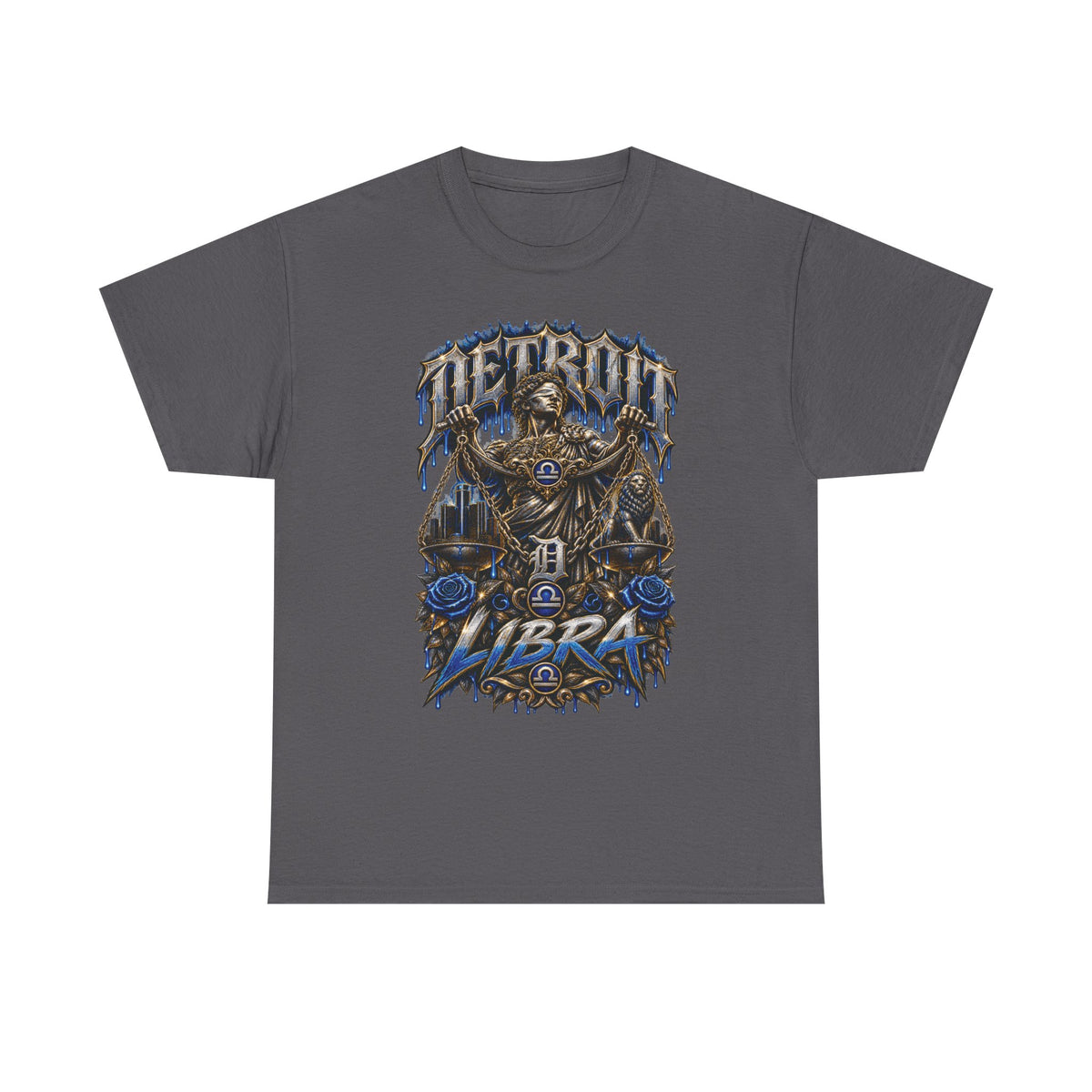Detroit Libra T-Shirt | Skull Scales, Blue Roses, Zodiac Design