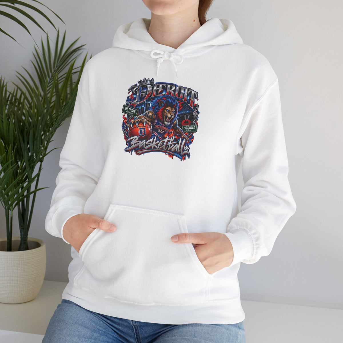 Detroit Basketball Graphic Hoodie | Vintage City Sports Logo, Front Collage Art