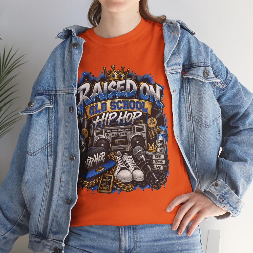 Raised On Old School Hip Hop T-Shirt | Retro Boombox Sneakers Crown Design