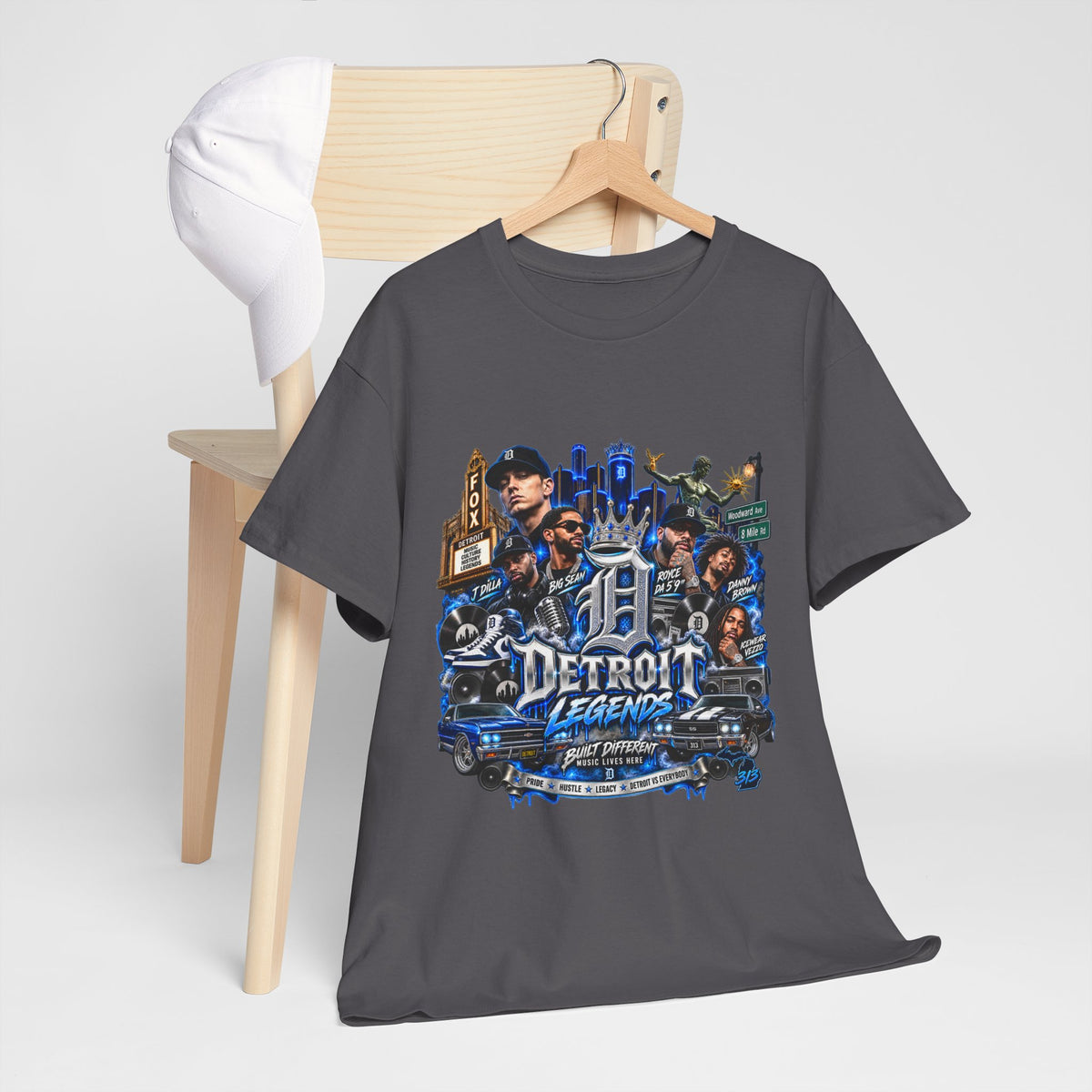Detroit Legends collage T-Shirt | Motor City skyline, classic cars, musicians
