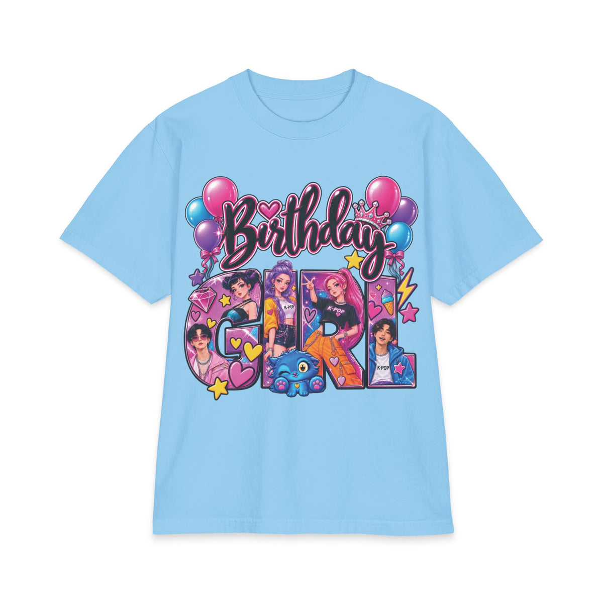 Kpop Hunter Demon Birthday Girl T-Shirt | Colorful Cartoon Letters, Balloons & Characters