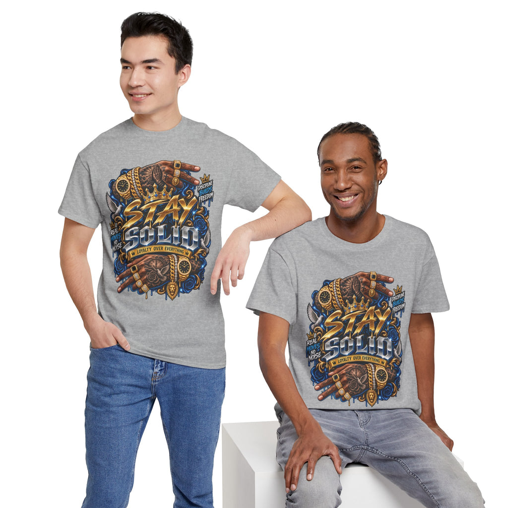 Stay Solid graphic tee | Urban street art typography, gold chain hands