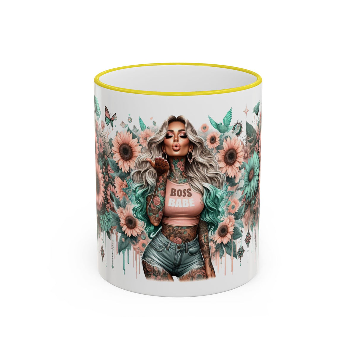 Boss Babe Floral Illustration Mug | Accent Rim & Handle Ceramic Coffee Cup