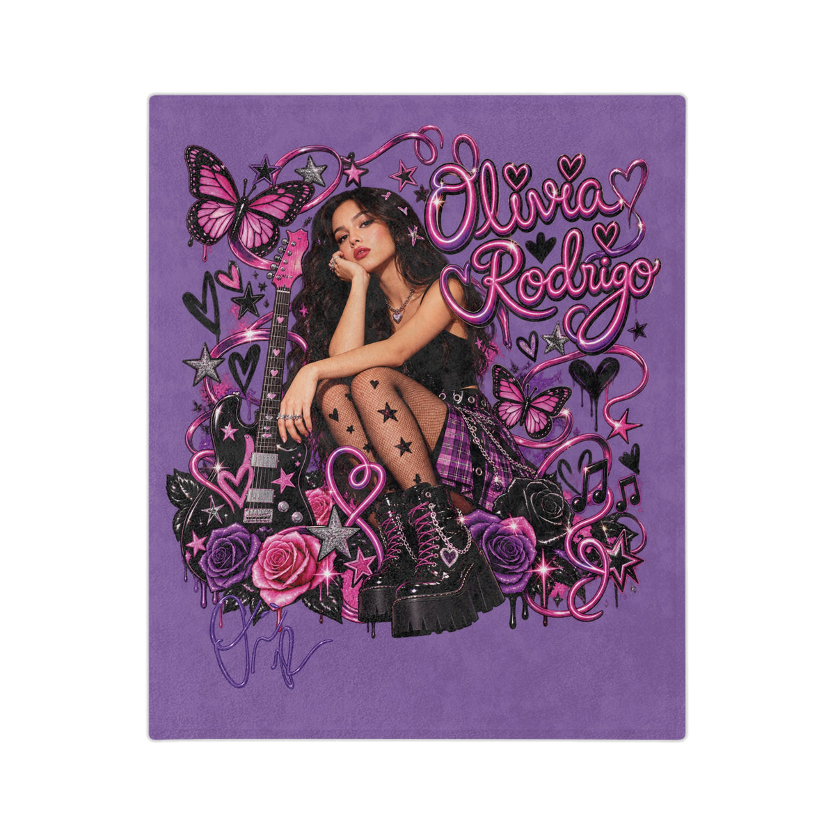 Olivia Rodrigo Portrait Velveteen Microfiber Blanket | Purple Butterfly Rose Design