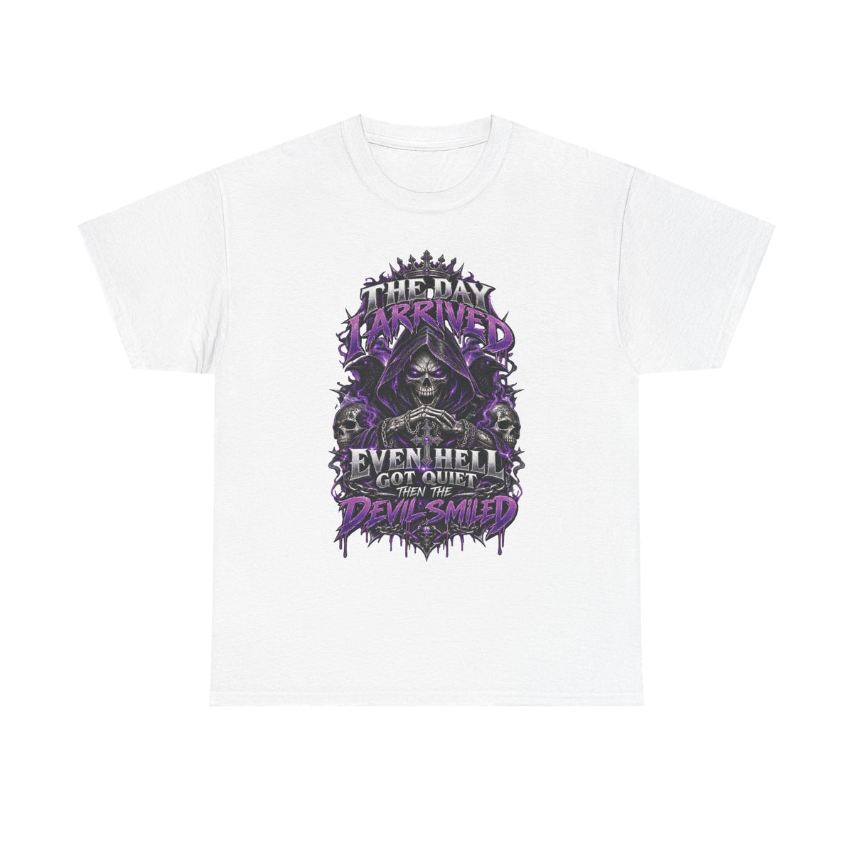 Grim Reaper Skull with Purple Flames T-Shirt | Gothic Death Quote Tee
