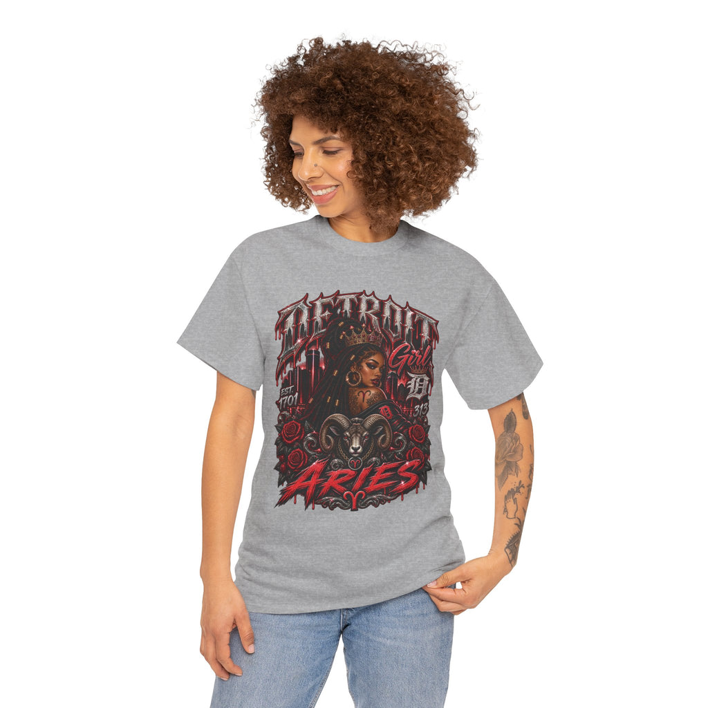 Aries Tattoo Style Graphic Tee | Zodiac Ram Illustration, Red Roses