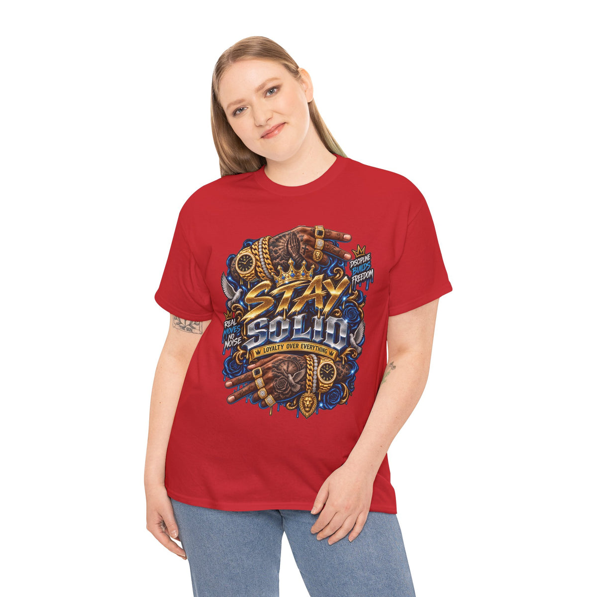 Stay Solid graphic tee | Urban street art typography, gold chain hands