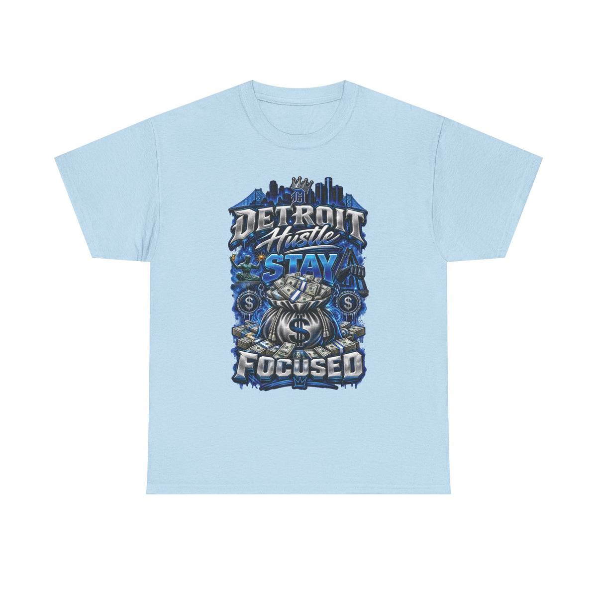 Detroit Hustle Stay Focused Tee | City Skyline, Money Bag Graphic