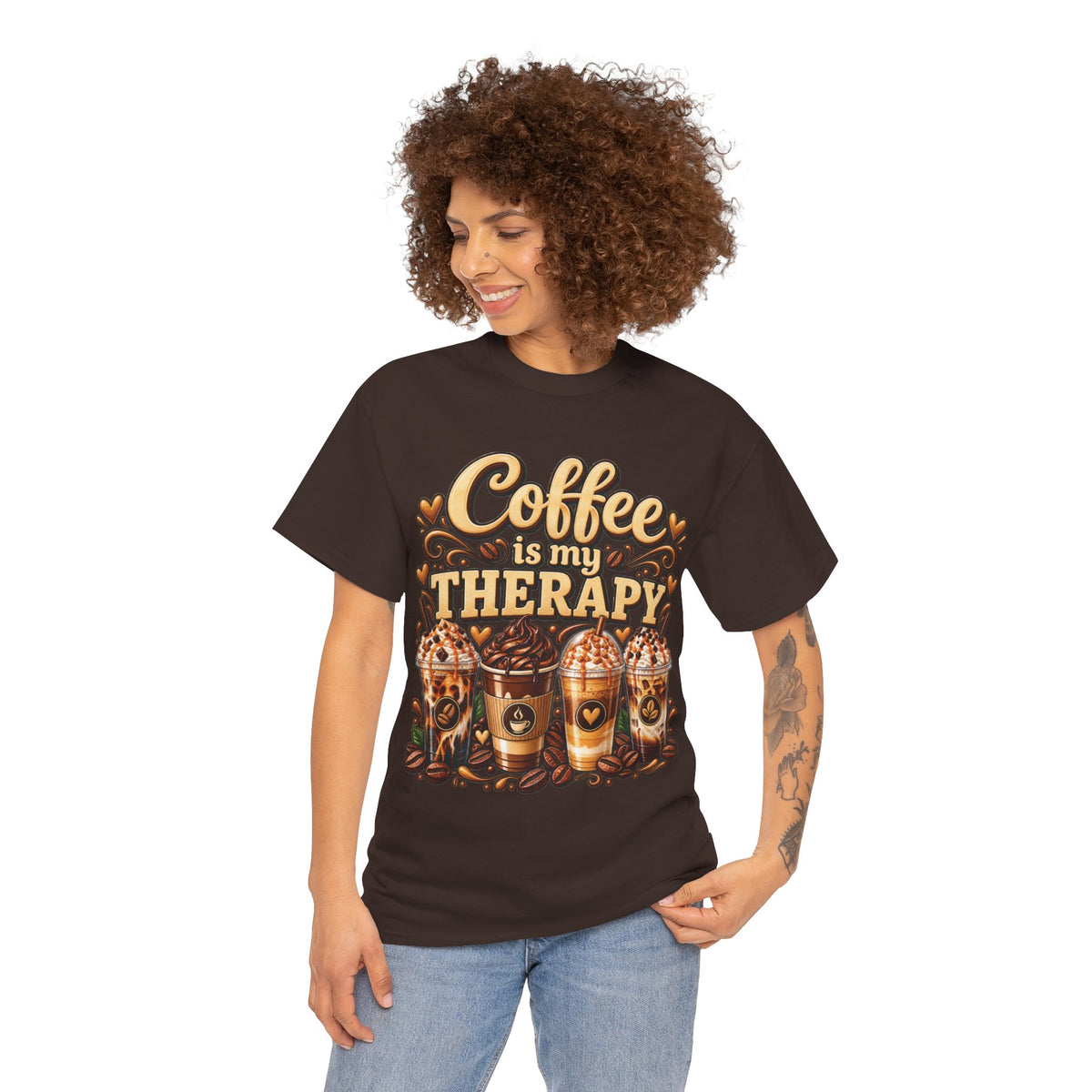 Coffee Is My Therapy T-Shirt | Coffee Cups Illustration, Cozy Beverage Tee