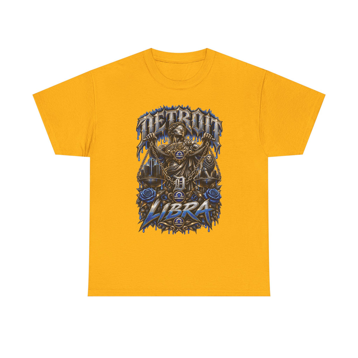 Detroit Libra T-Shirt | Skull Scales, Blue Roses, Zodiac Design