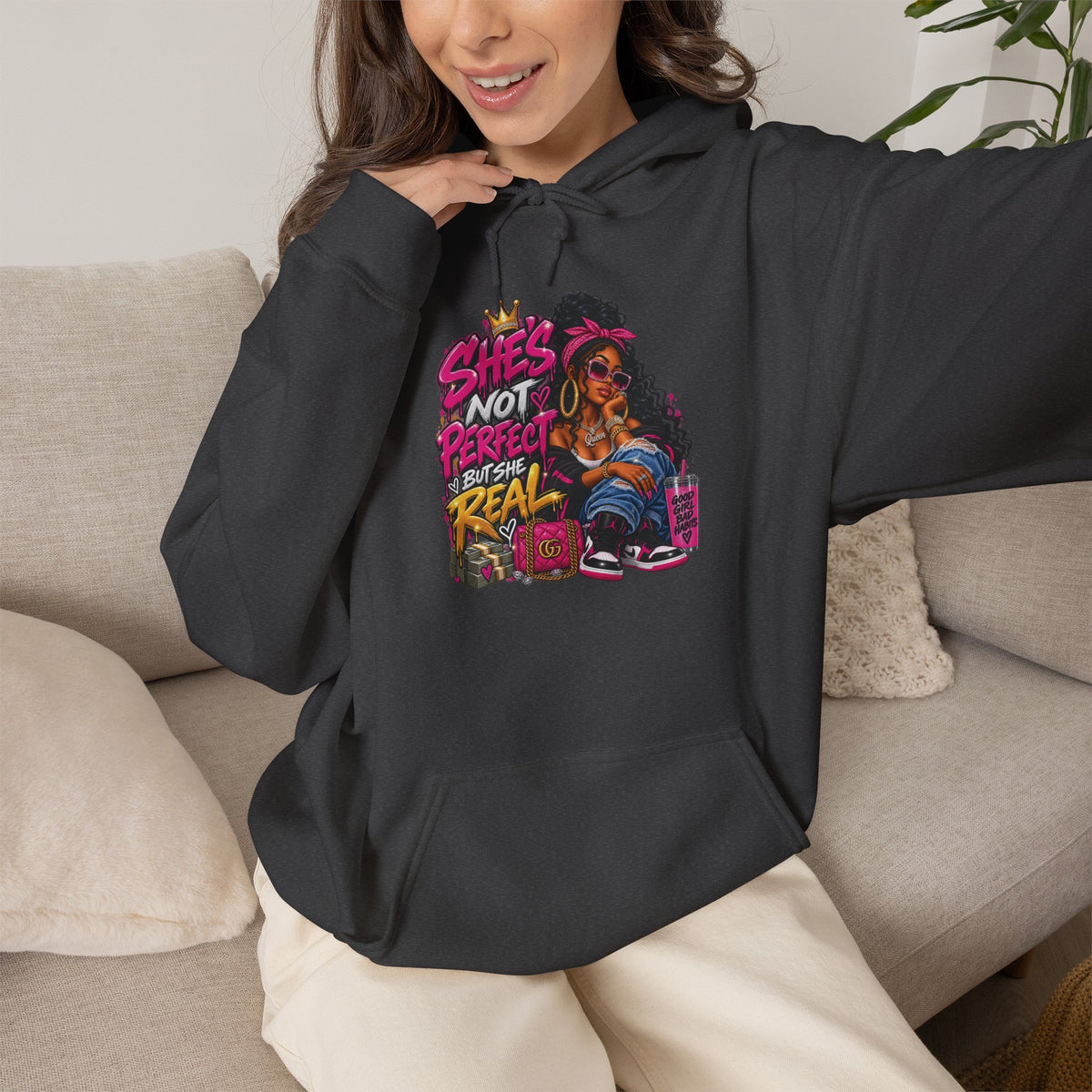 Shes Not Perfect Real AF hoodie | Retro Neon Girl Graphic Hoodie