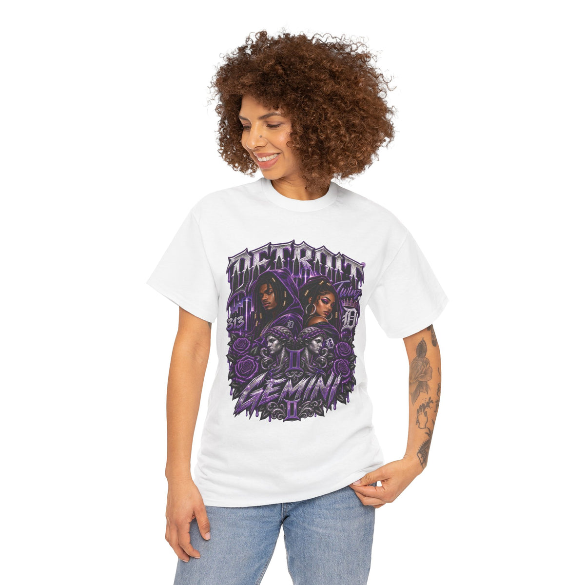 Gemini Skull Roses Graphic T-Shirt | Zodiac Twins Illustration