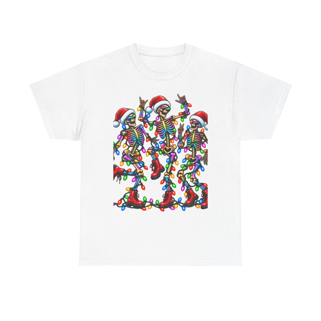 Dancing Skeletons with Christmas Lights T-Shirt | Santa Hat Holiday Tee
