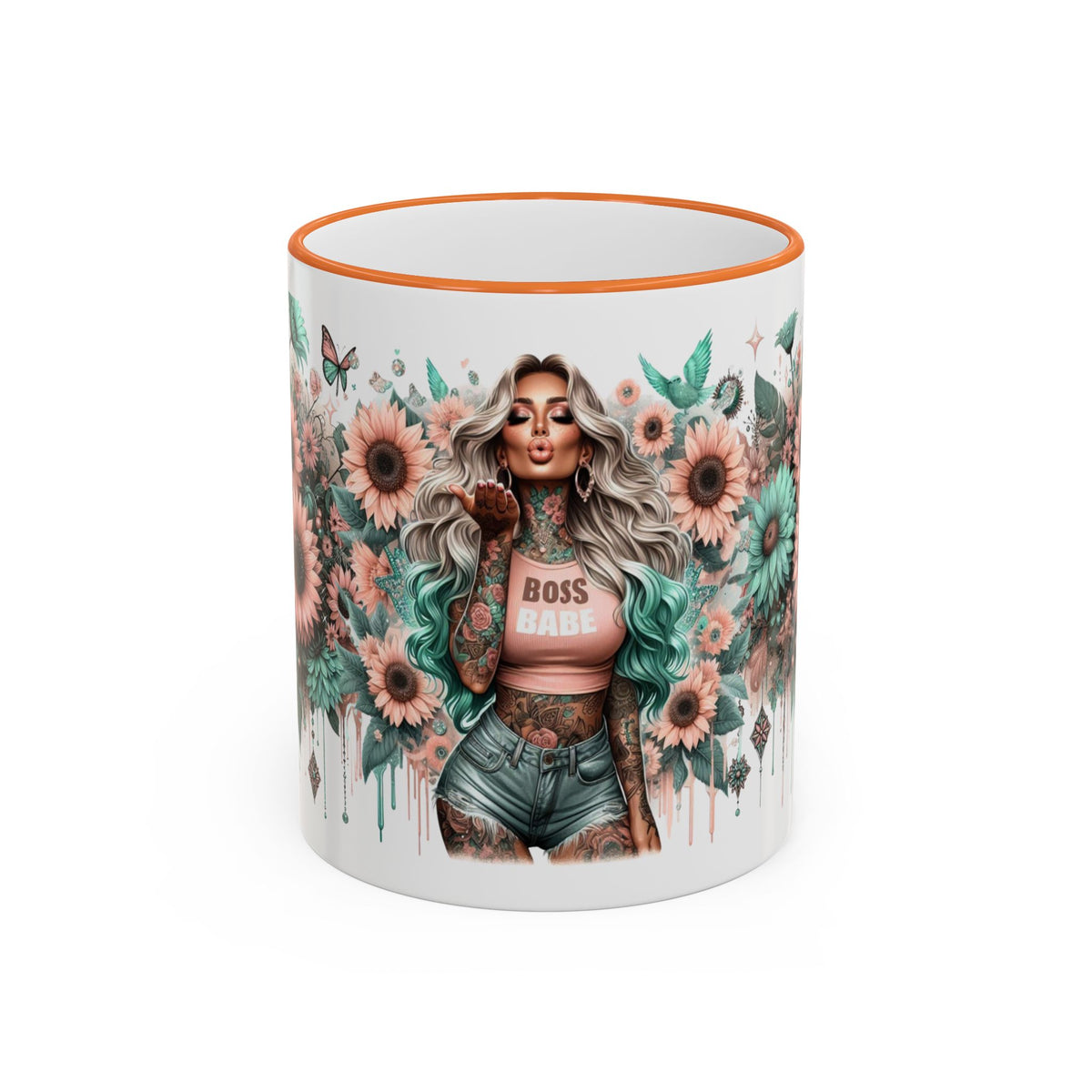 Boss Babe Floral Illustration Mug | Accent Rim & Handle Ceramic Coffee Cup