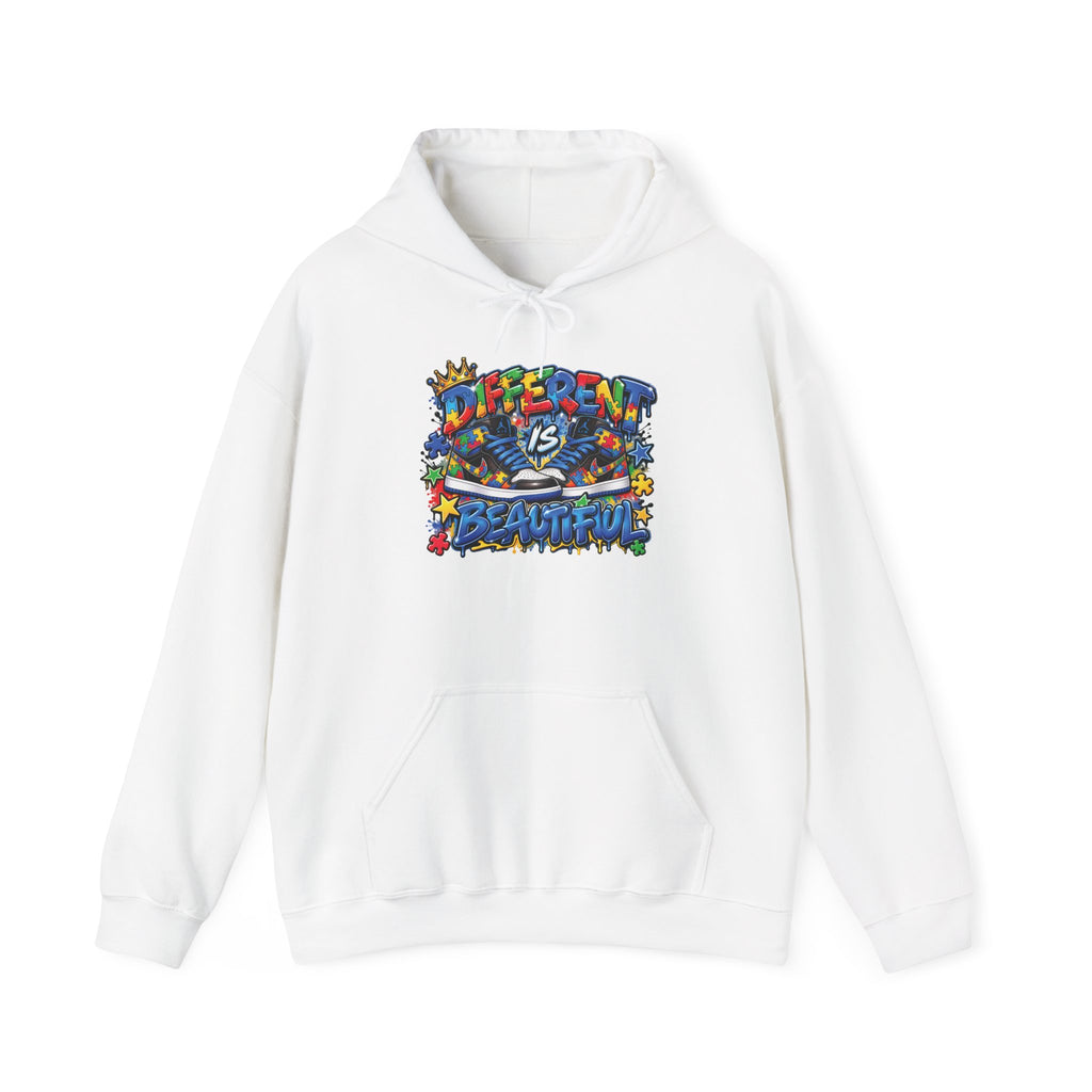 Different Is Beautiful hoodie | colorful graffiti text, stars & flowers